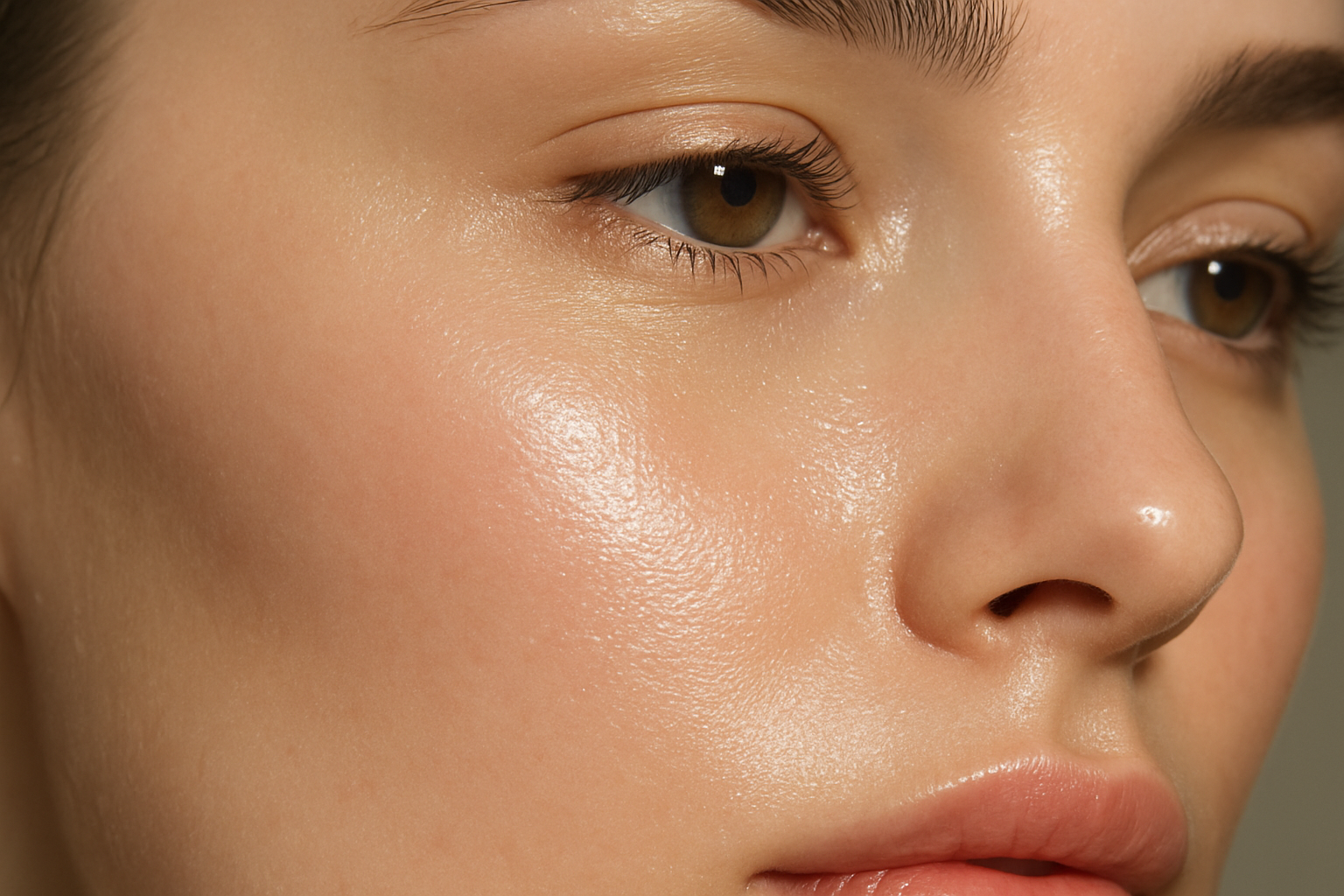 A close-up of radiant, dewy skin with water droplets, showcasing a luminous, poreless complexion.