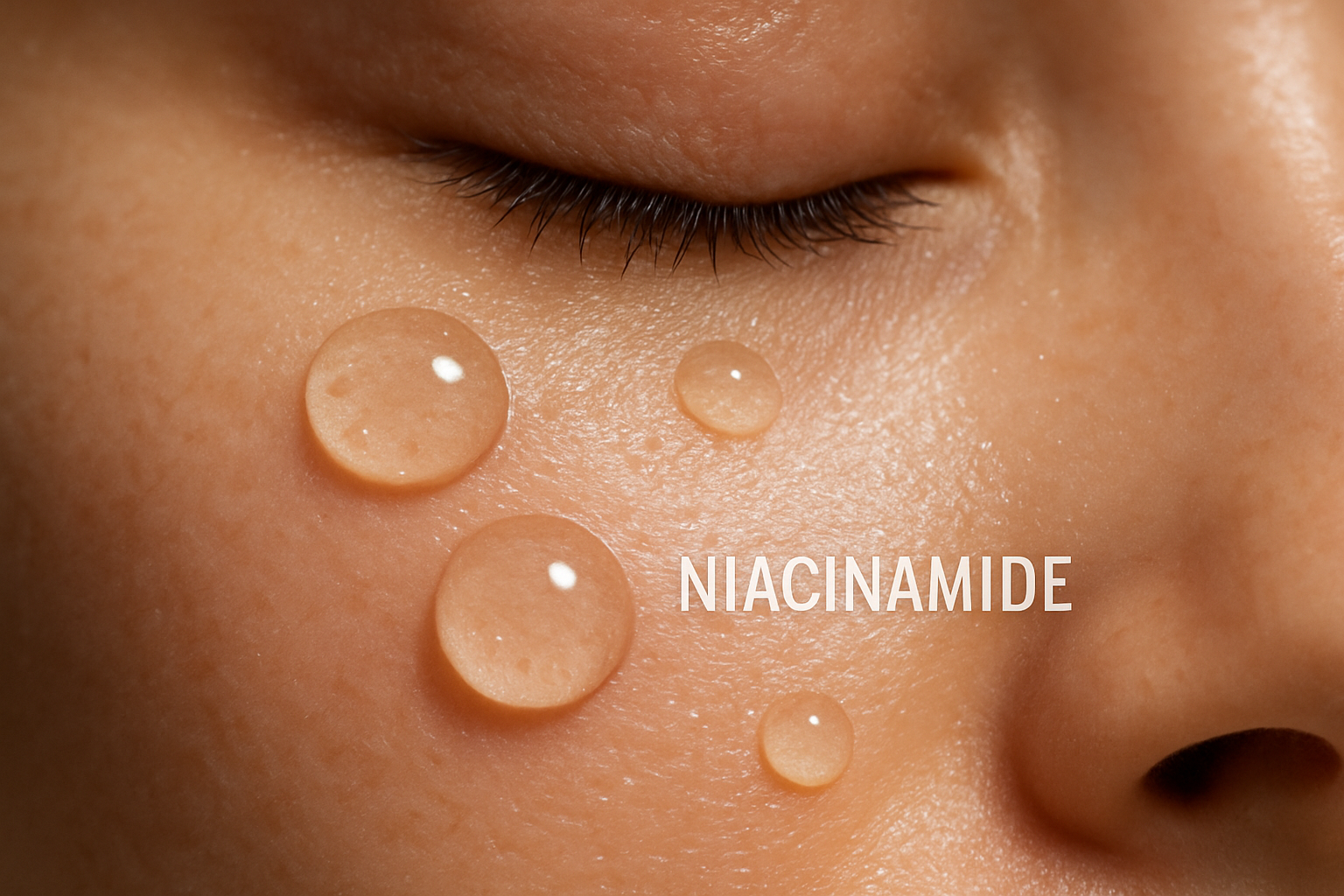 A close-up of glistening skincare serum droplets on skin, with a minimalist bottle of niacinamide serum in the background.